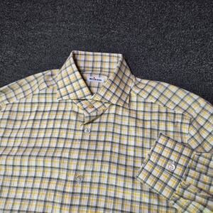Kiton Button Up Dress Shirt Yellow White Plaid Mens 16 41 Linen Luxury Tailored